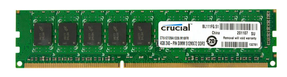 CT51272BA1339.M18FR Crucial 4GB PC3-10600 DDR3-1333MHz ECC Unbuffered CL9 240-Pin DIMM Dual Rank Memory Module