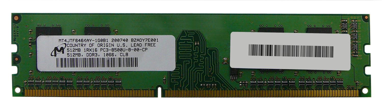 MT4JTF6464AY-1G0B1 Micron 512MB PC3-8500 DDR3-1066MHz non-ECC Unbuffered CL7 240-Pin DIMM Single Rank Memory Module
