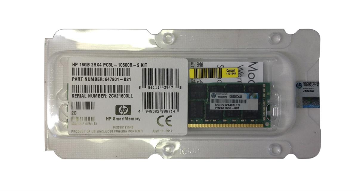 647901-B21 HP 16GB PC3-10600 DDR3-1333MHz ECC Registered CL9 240-Pin DIMM 1.35V Low Voltage Dual Rank Memory Module