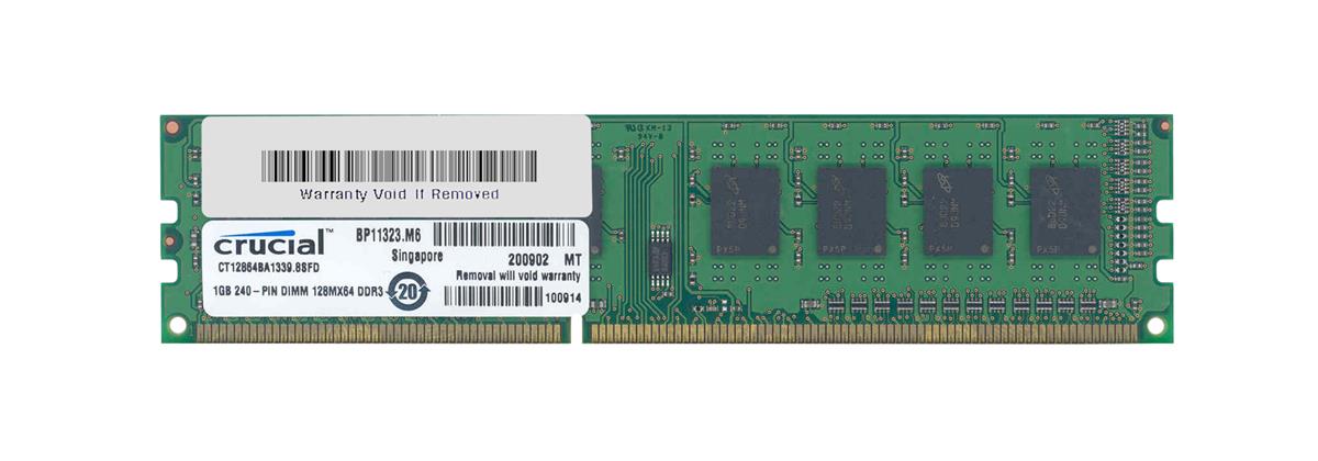 CT12864BA1339 Crucial 1GB PC3-10600 DDR3-1333MHz non-ECC Unbuffered CL9 240-Pin DIMM Single Rank Memory Module