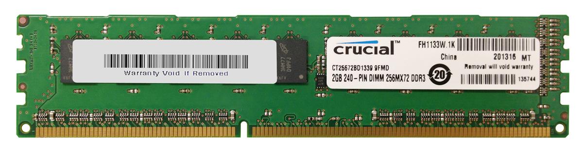 CT25672BD1339.9FMD Crucial 2GB PC3-10600 DDR3-1333MHz ECC Unbuffered CL9 240-Pin DIMM 1.35V Low Voltage Single Rank Memory Module