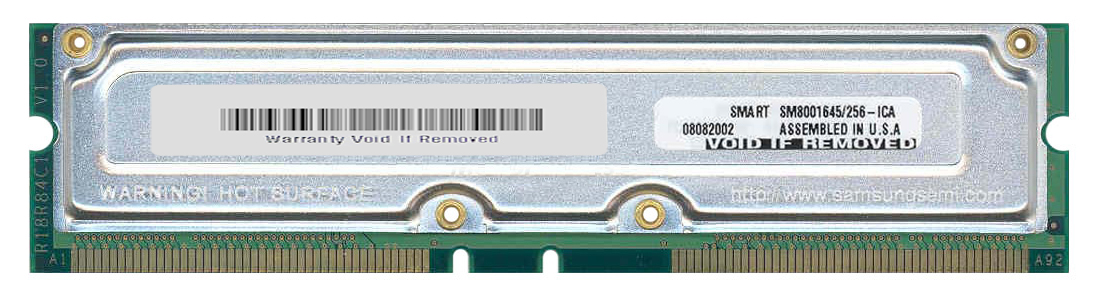 SM8001645/256 Smart Modular 256MB RDRAM PC800 800MHz non-ECC Unbuffered 45ns 184-Pin Rambus RIMM Memory Module
