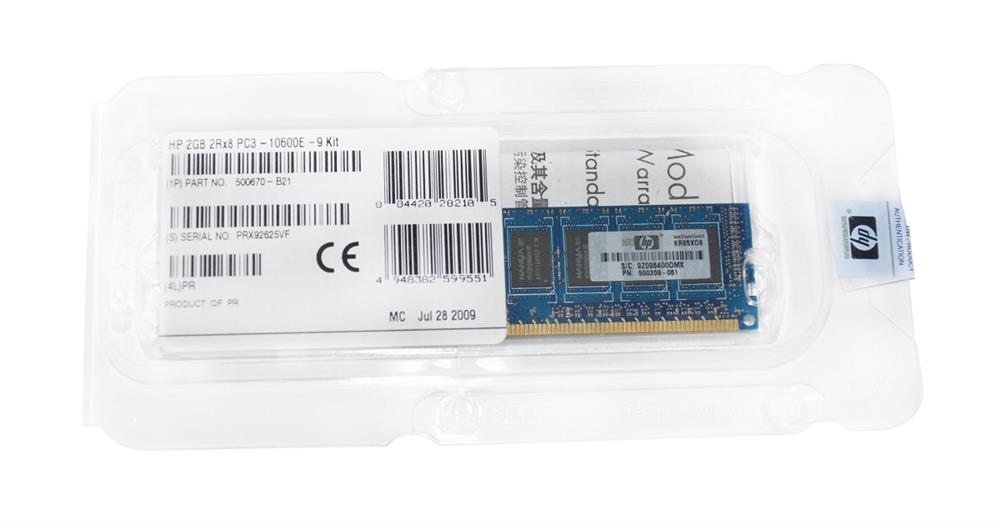 500670-B21 HP 2GB PC3-10600 DDR3-1333MHz ECC Unbuffered CL9 240-Pin DIMM Dual Rank Memory Module