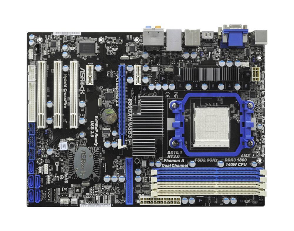 880GXH/USB3 ASRock Socket AM3 AMD 880G + SB710 Chipset AMD Phenom II X6/ Phenom II X4/ Phenom II X3/ Phenom II X2/ AMD Athlon II X4/ Athlon II X3/ Athlon II X2/ AMD Sempron Processors Support DDR3 4x DIMM 5x SATA2 3.0Gb/s ATX Motherboard (Refurbished)
