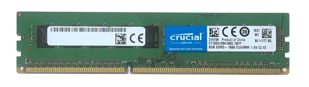 CT102472BA186D Crucial 8GB PC3-14900 DDR3-1866MHz ECC Unbuffered CL13 240-Pin DIMM Memory Module