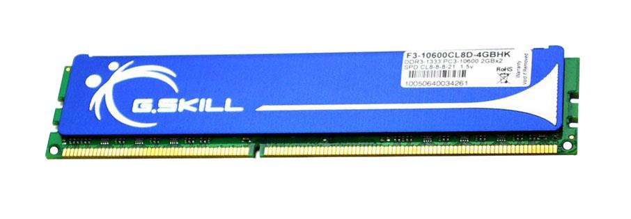 F3-10600CL8D-4GBHK G.SKILL 4GB Kit (2 X 2GB) PC3-10600 DDR3-1333MHz non-ECC Unbuffered CL9 240-Pin DIMM Single Rank Memory