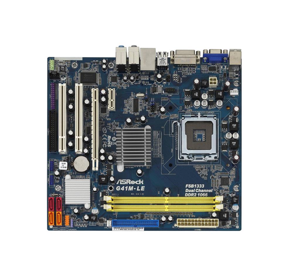 G41M-LE ASRock Socket LGA 775 Intel G41 + ICH7 Chipset Core 2 Extreme/ Core 2 Duo/ Core 2 Quad/ Pentium Dual-Core/ Celeron Dual-Core/ Celeron Processors Support DDR2 2x DIMM 4x SATA2 3.0Gb/s Micro-ATX Motherboard (Refurbished)