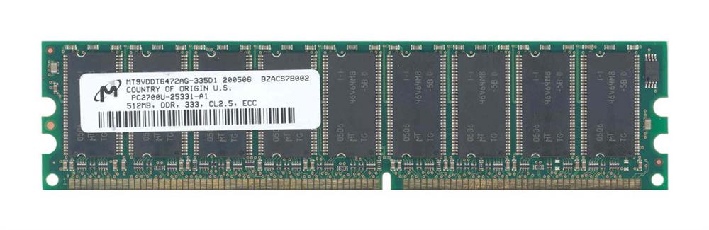 MT9VDDT6472AG-335D1 Micron 512MB PC2700 DDR-333MHz ECC Unbuffered CL2.5 184-Pin DIMM Single Rank Memory Module