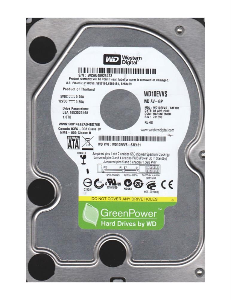 WD10EVVS-63E1B1 Western Digital AV-GP 1TB 5400RPM SATA 3Gbps 8MB Cache 3.5-inch Internal Hard Drive