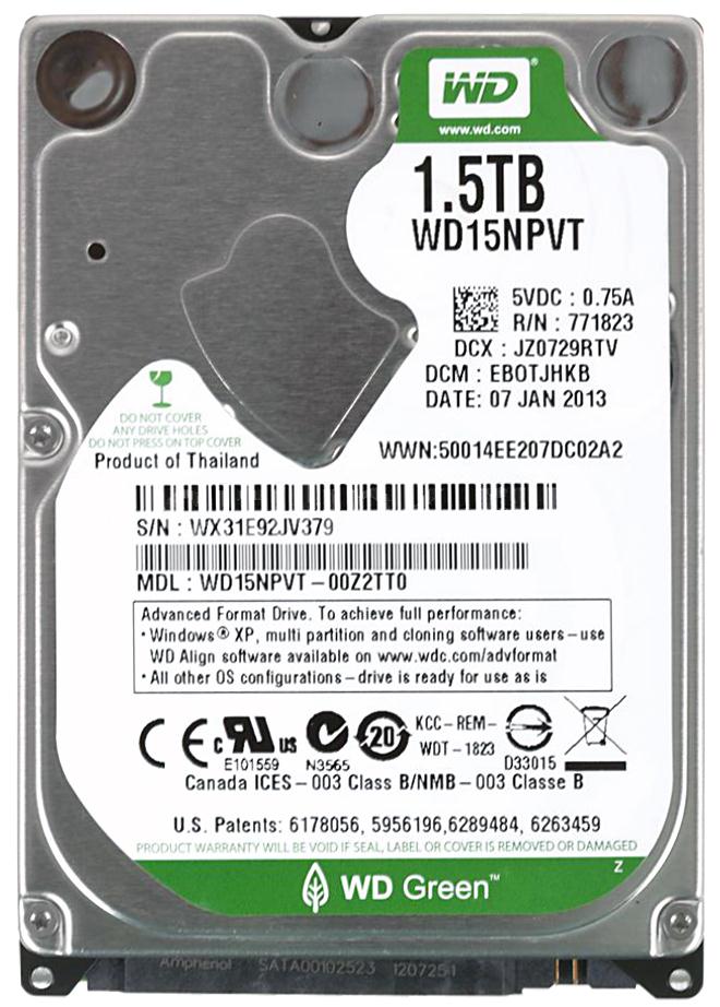 WD15NPVT Western Digital Green 1.5TB 5400RPM SATA 3Gbps 8MB Cache 2.5-inch Internal Hard Drive