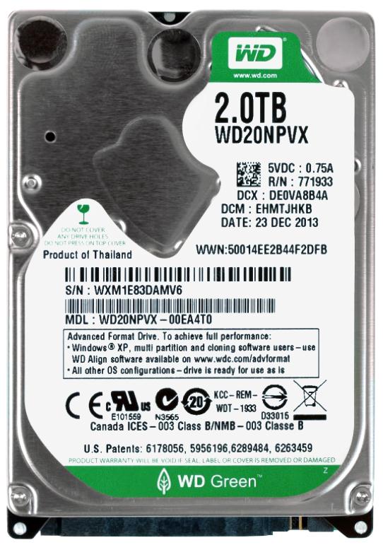 WD20NPVX Western Digital Green 2TB 5400RPM SATA 6Gbps 8MB Cache 2.5-inch Internal Hard Drive