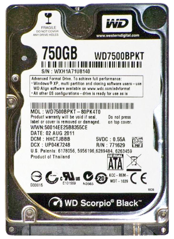 WD7500BPKT Western Digital Scorpio Black 750GB 7200RPM SATA 3Gbps 16MB Cache 2.5-inch Internal Hard Drive